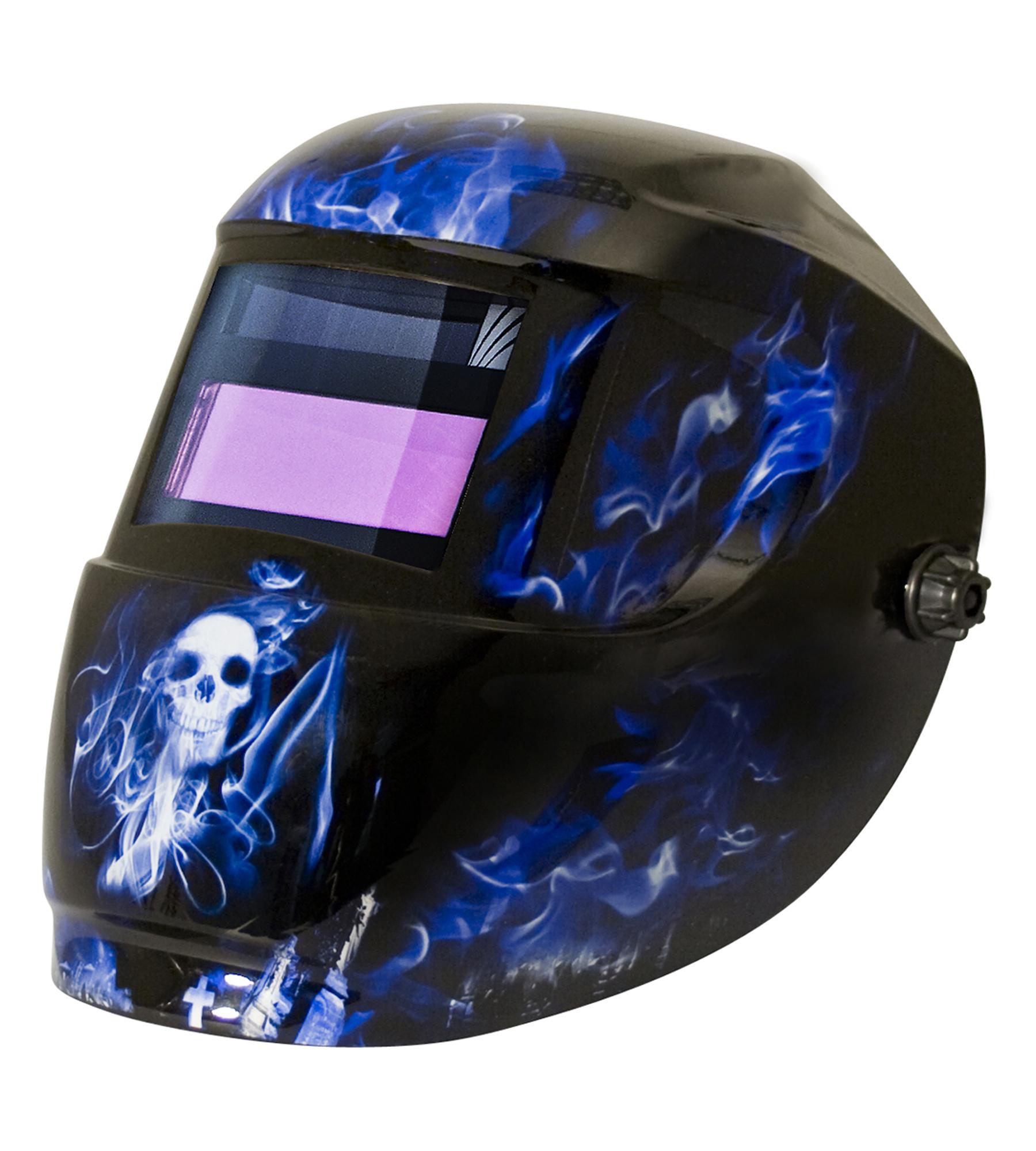 Welding Helmet, Blue Doom, 4/9 to 13 Lens Shade, Blue Doom, 6 sq-in Viewing Area, Solar Power Source