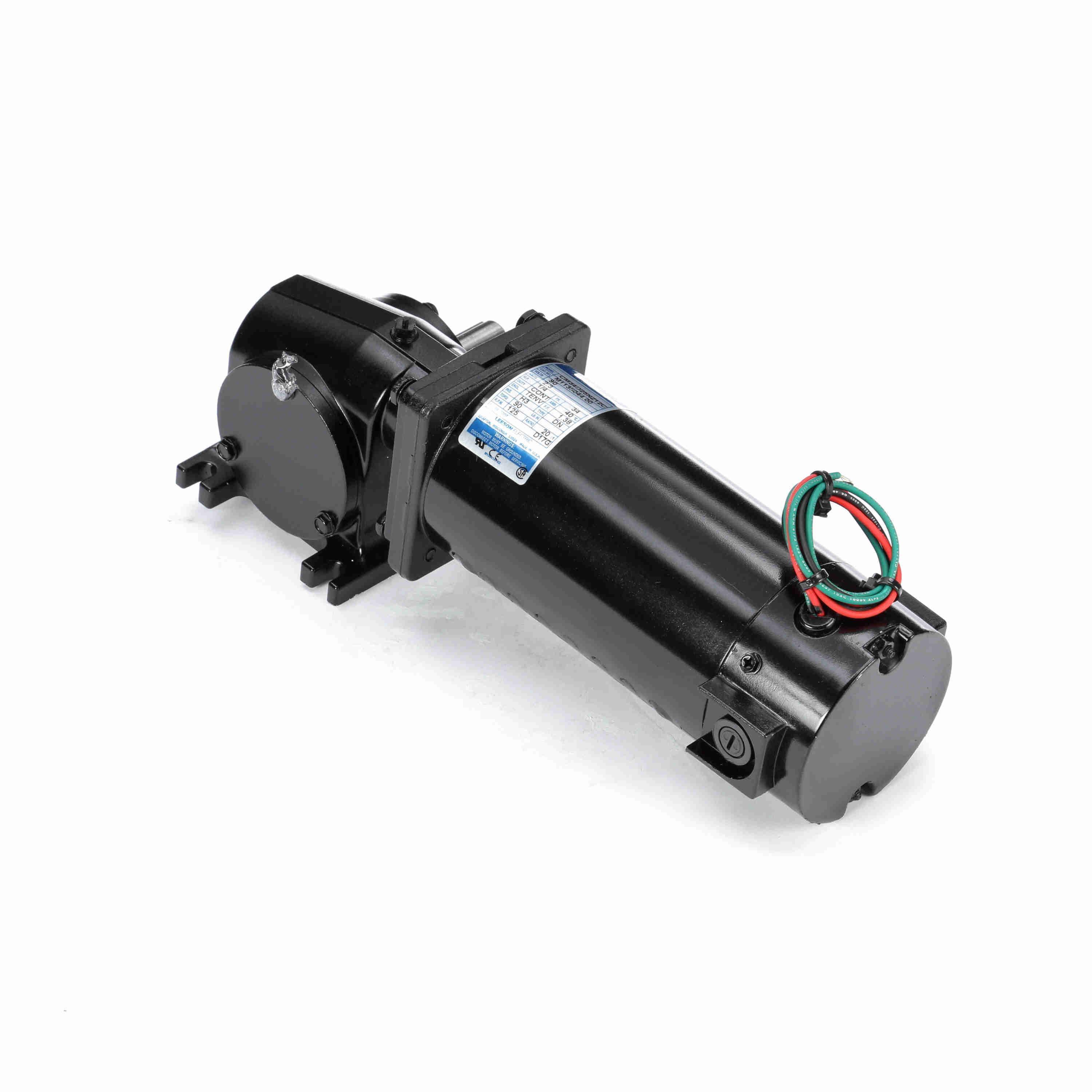 Gear Motor, Right Angle Continuous Duty, 90 V DC, 2.3 A Full Load Amperage, 0.25 hp, 125 RPM Maximum, 0.63 in Shaft Dia, 1.8 in Shaft Length, Reversible, 90 in-lb, 20:1 Gear Ratio, Worm Gear, Ball Bearing, 235 lb Overhung Load, Special Mount, 40 °C, Class H Insulation, Totally Enclosed Nonvented (TENV), Aluminum Housing, 10.64 in L x 6.58 in H