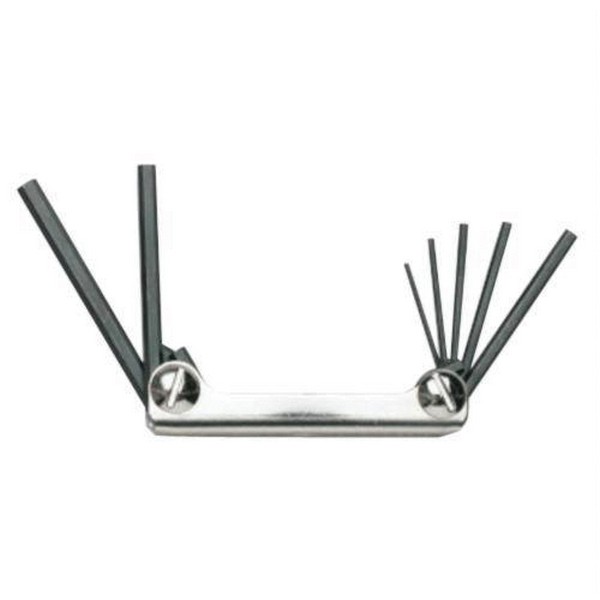 Hex Key Set, Folding Short Arm, Measurement System: Metric, 7 Piece, 1.5 to 6 mm Hex, Foldable Handle, Specifications: 3 in L Bits, Alloy Steel, Black Oxide