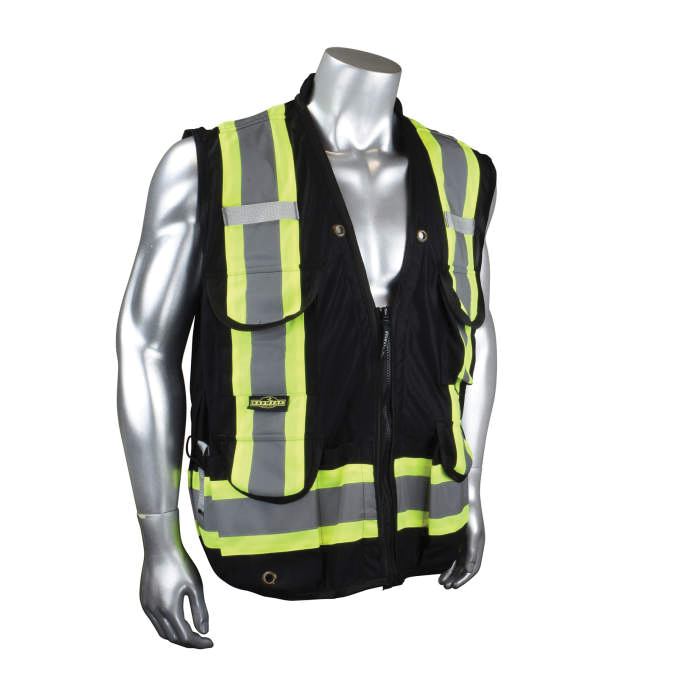 Vest, 2-Tone Heavy Duty, Series: SV030X-1, 3X Size, Black, Polyester, Silver Stripe, Zipper Closure, 10 Pockets, ANSI Class: Class 1, Specifications Met: ANSI/ISEA 107 Type O