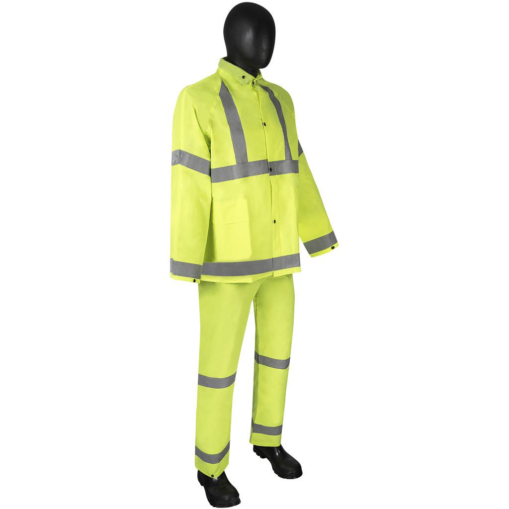 Rainsuit, 2-Layer, Hi-Viz Green, Polyester, Detachable Hood, 0.35 mm Thickness, Zipper Front Closure