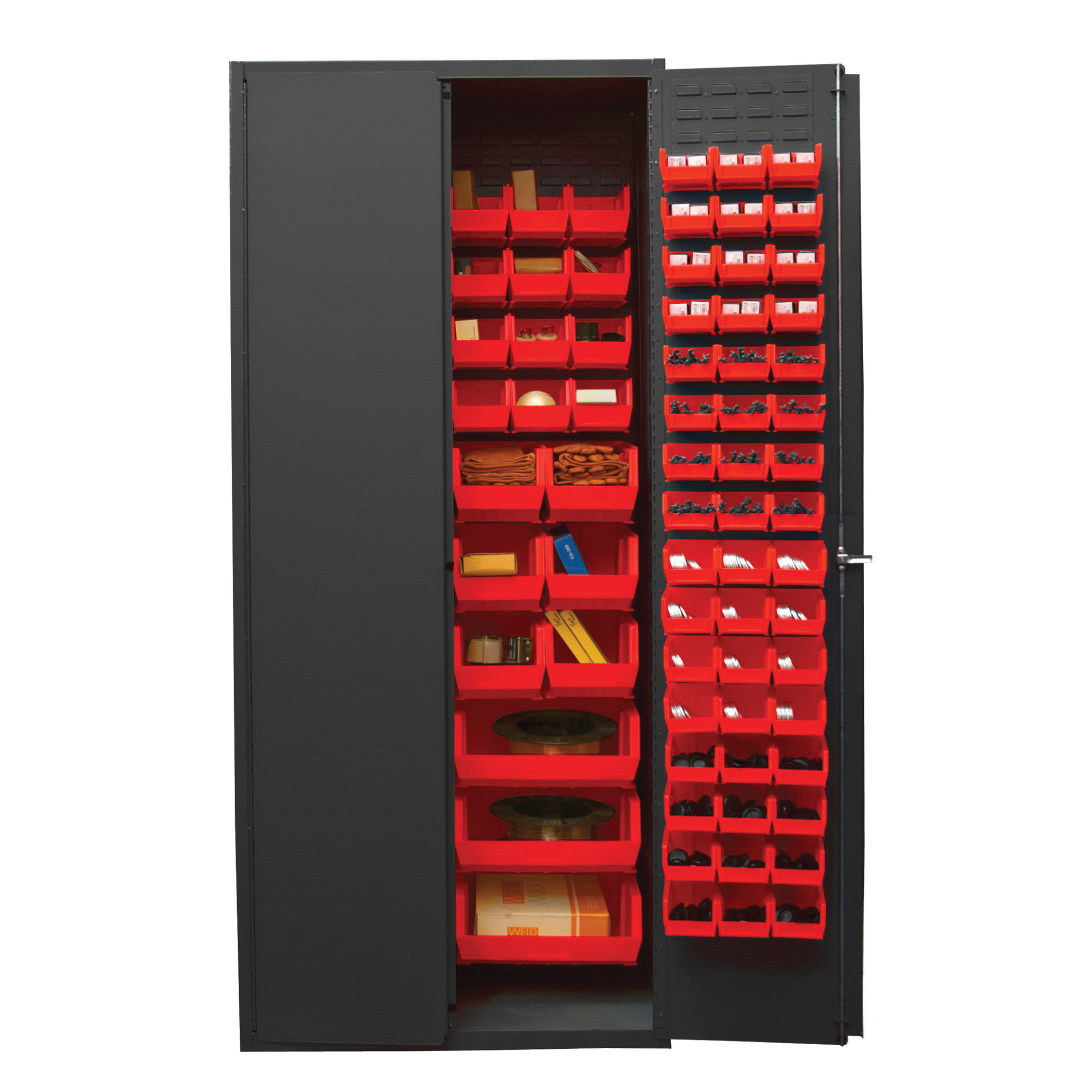Bin Cabinet, 24 in Overall Length, 36 in Overall Width, 84 in Overall Height, Steel, Gray, 16 ga Gauge Thickness, 138 Bins, Red Bin, (48) 4 x 5 x 3 in, (48) 4 x 7 x 3 in, (24) 6 x 11 x 5 in, (12) 8 x 15 x 7 in, (6) 16 x 15 x 7 in Bin