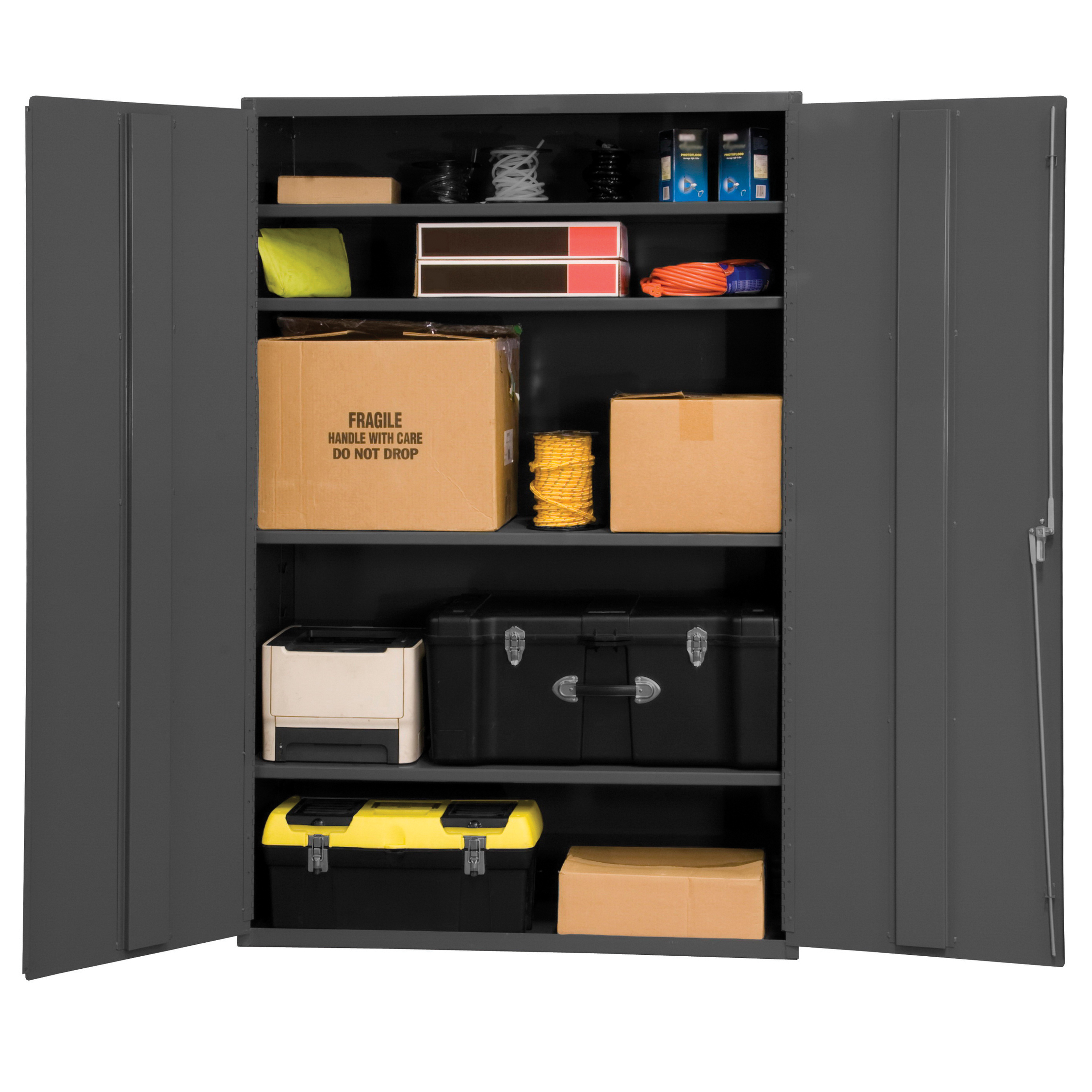 General Storage Cabinet, 24 in Overall Length, 48 in Overall Width, 84 in Overall Height, 2 Doors, 4 Shelves, 1000 lb Shelf, 47-3/4 in W x 21-3/8 in D Adjustable Shelf, 16 ga Gauge Thickness, Swing, Keyed Locking, Steel, Gray
