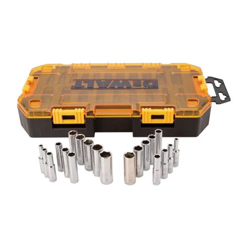 Socket Set, Deep Length, Measurement System: Metric/Imperial, 20 Piece, 6 Points, 1/4 in Drive, Chrome Vanadium Steel, Polished