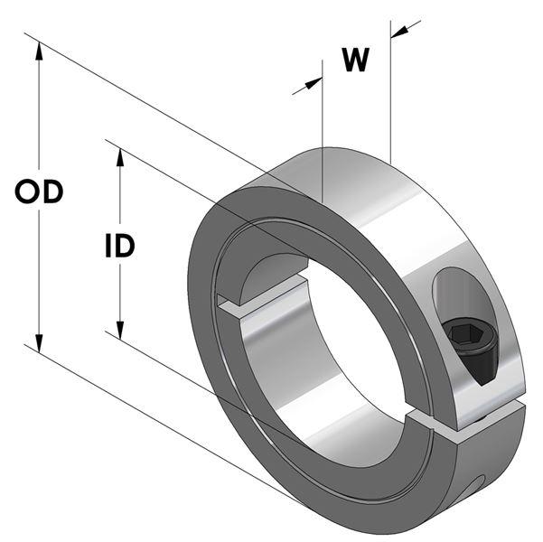 Collar, Series: CR1C, 1-Piece Construction, 1 Inch Inside Diameter, 1-3/4 Inch Outside Diameter, 1/2 Inch Width, Hex Socket Cap Screw Style, 1/4-28 x 5/8 Inch Screw, 316 Stainless Steel, Plain