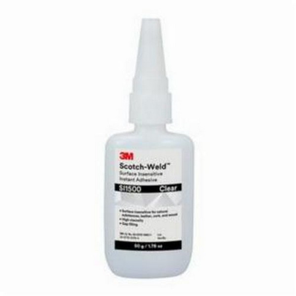 Instant Adhesive, Surface Insensitive, Series: SI Series, Bottle Container, 50 g Container, Ethyl Hybrid Base, 5 to 60 s Setting, 24 hr at 72 °F Curing, Clear