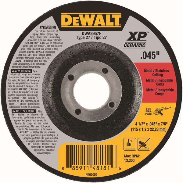 Depressed Center Wheel, Flat Small Diameter, 4-1/2 in Wheel Diameter, 0.045 in Wheel, 7/8 in Center Hole, Arbor Connector, 60 Grit, Coarse/Fine Grade, Ceramic Abrasive, Wheel Type Number: Type 27, 13300 RPM Resinoid Bond, Applicable Materials: Cuttin