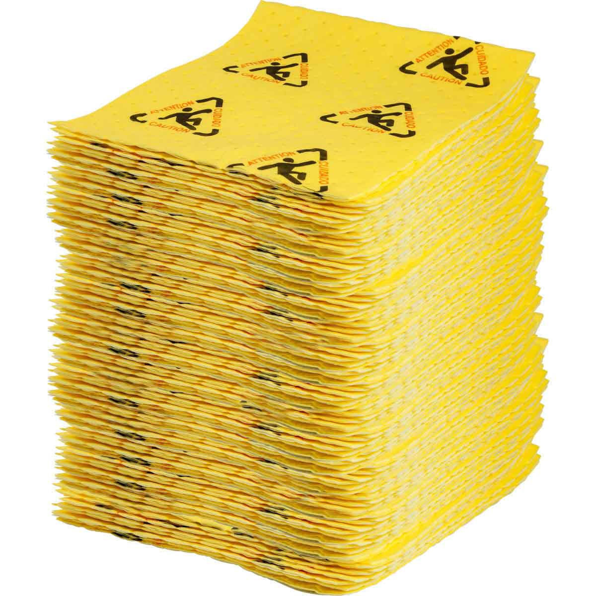 Absorbent Mat and Rug, Barrier Backed Heavyweight High Visibility, 19 Inch Length, 15 Inch Width, 3 ply Thickness, 21.2 gal Absorption, Fluids Absorbed: Chemical, Spunbond-Meltblown Polypropylene, Black on Yellow