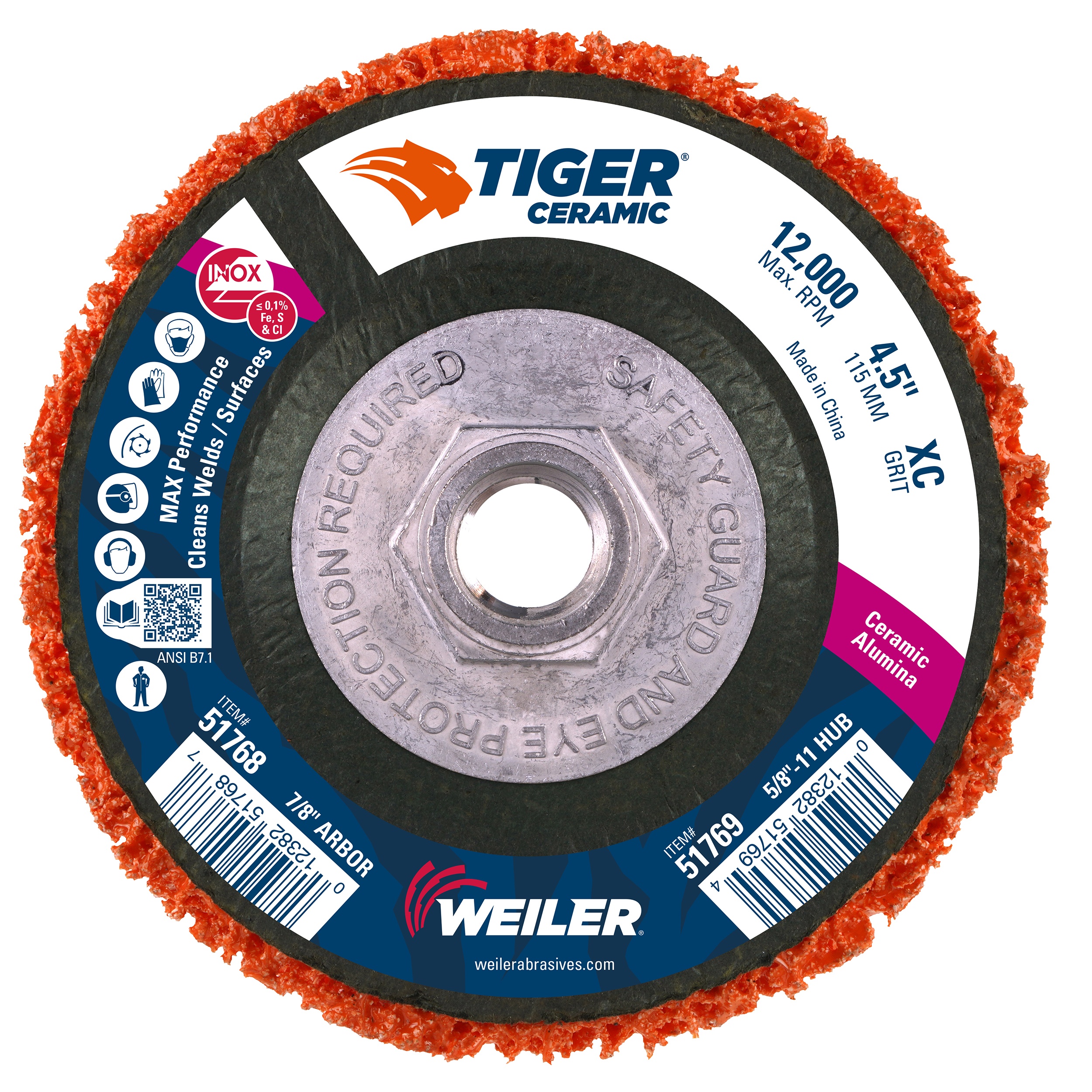 Strip Disc, Type 27 Attachment, 4.5 in Diameter Disc, Ceramic Abrasive, Extra Coarse Grade, Phenolic Backing, 12000 RPM Maximum, Orange