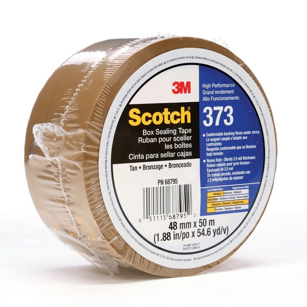 Box Sealing Tape, High Performance, Series: 373, 50 m Length, 48 mm Width, 2.5 mil Thickness, Tan, 3 Inch Diameter Core, Hot Melt Synthetic Rubber Resin Adhesive, Polypropylene Film Backing