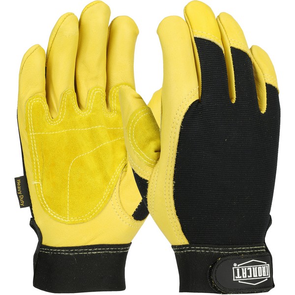 General Purpose Gloves, Heavy Duty Unisex, Series: 86350, Leather Palm/Work Glove Type, 2XL, Grain Cowhide Leather Palm, Grain Cowhide Leather/Spandex®, Black/Gold, Full Finger/Wing Thumb, Hook and Loop Closure, 10 in Length
