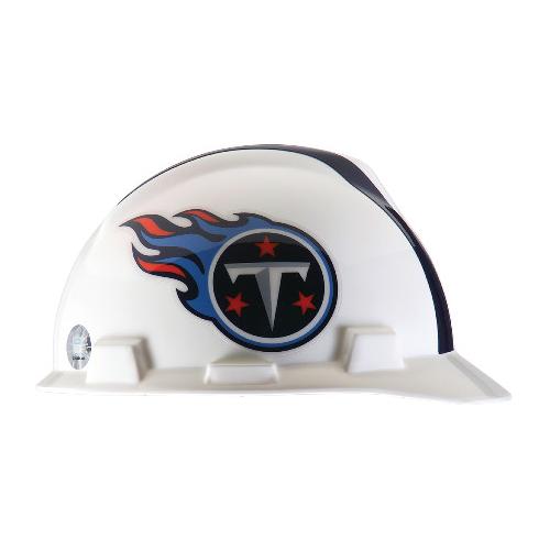Protective Cap, Front Brim, Series: NFL, Fits Minimum Hat Size: 6-1/2, Fits Maximum Hat Size: 8, Blue/White, Polyethylene, 1-Touch® Suspension, ANSI Electrical Class Rating: Class E, ANSI Impact Rating: Type I, Graphics: Tennessee Titans, Slotted: Yes, Pin Lock Adjustment