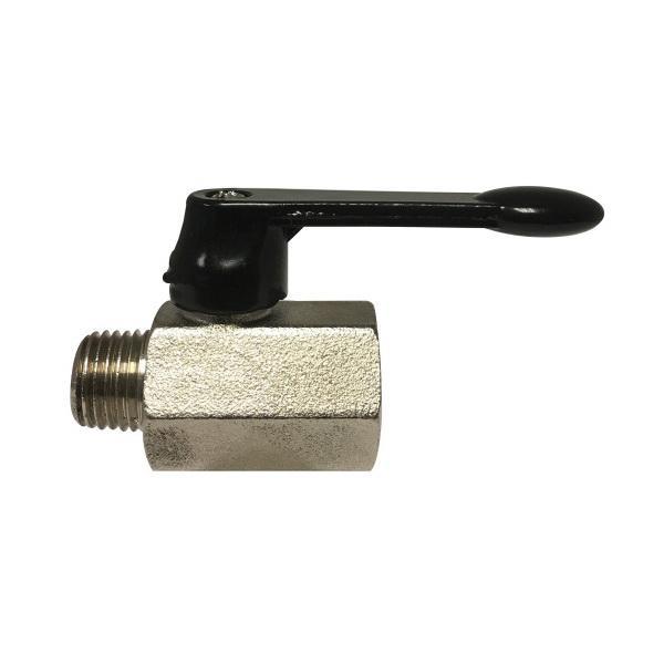 Ball Valve, Mini, 1/8 Inch Nominal, MNPT x FNPT End Style, 450 psi Pressure, 1/4 Turn Lever Handle Actuator, Polished Chrome Brass Ball, 1.57 Inch Inlet to Outlet Length, Forged Brass Body, Brass Stem/Ring Unit/Steel Screw/Alumzinc Handle Trim, PTFE Ball Seat/NBR 80 O-Ring Flag Handle/Viton® O-Ring Softgoods, Polished Chrome