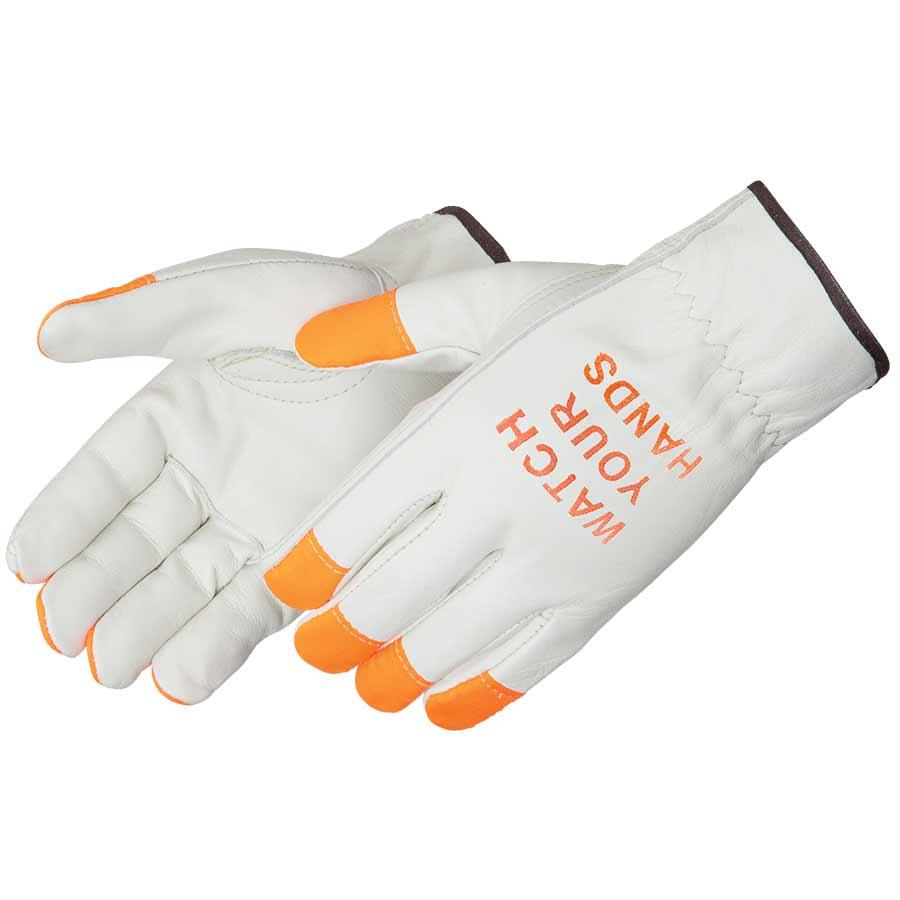 Glove, Work, Series: I6147F, Driver Glove, Cowhide Leather, Beige/Orange, Keystone Thumb Style, Unlined Lining, Hemmed Cuff, Shirred Elastic Closure