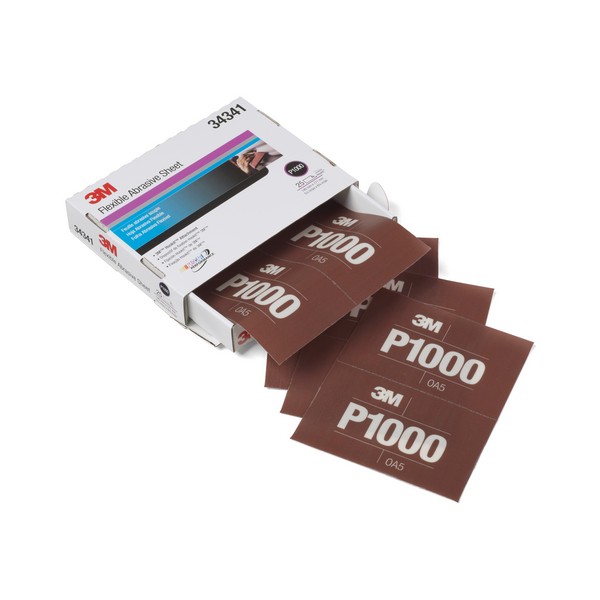 Coated Sanding Sheet, Flexible, 6.8 Inch Length, 5-1/2 Inch Width, P1000 Grit, Fine Grade, Aluminum Oxide Abrasive, Film Backing, Applicable Materials: Metal, Brown