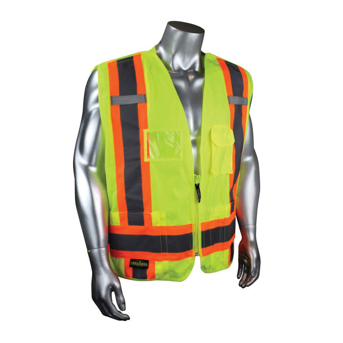 Vest, 2-Tone Heavy Duty Tear Away, Series: SV020X-2, XL Size, Hi-Viz Green, Polyester, Silver Stripe, 7 Pockets, ANSI Class: Class 2, Specifications Met: ANSI/ISEA 107-2015 Type R