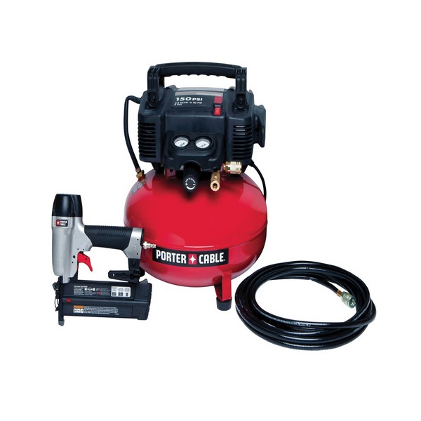 Brad Nailer and Compressor Combo Kit, 1-Tool Portable, 1, 120 VAC, Specifications: 18 ga 2 in Brad Nailer, 150 psi Operating Pressure, 6 gal Pancake Tank, 20-3/4 in L x 16-3/4 in W x 18-1/2 in H Package, Plastic/Metal, Red