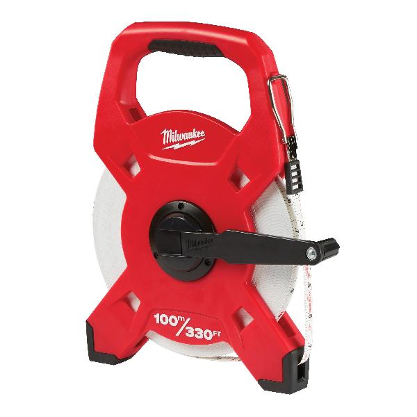 Fiberglass Open Reel Long Tape, Lockable, Measuring System: Imperial, 330 ft Blade Length, 1/2 in Blade Width, Fiberglass Blade, Graduations: Double Sided, Smooth Retraction Rewind, Open Reel Case, Plastic Case, Black/Red Case