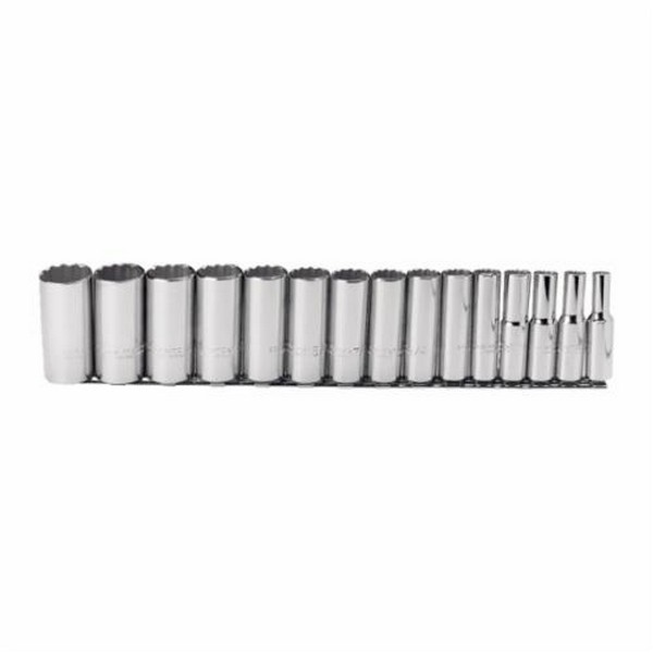 Socket Set, Deep, Measurement System: Imperial, 15 Piece, 12 Points, Included Socket Size: 3/8 to 1-1/4 in, 1/2 in Drive, Specifications Met: ASME B107.1, Full Polished
