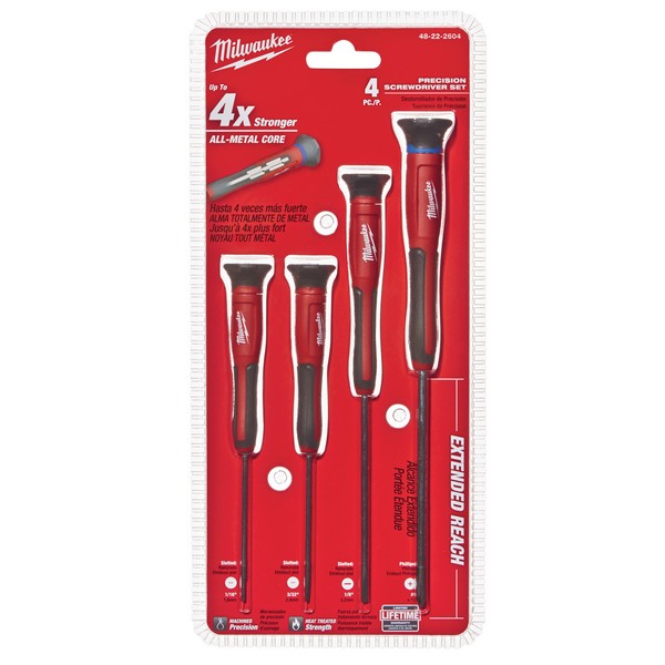 Screwdriver Set, Measurement System: Imperial, 4 Piece, Ergonomic Handle, Steel, Polished Chrome, Black/Red