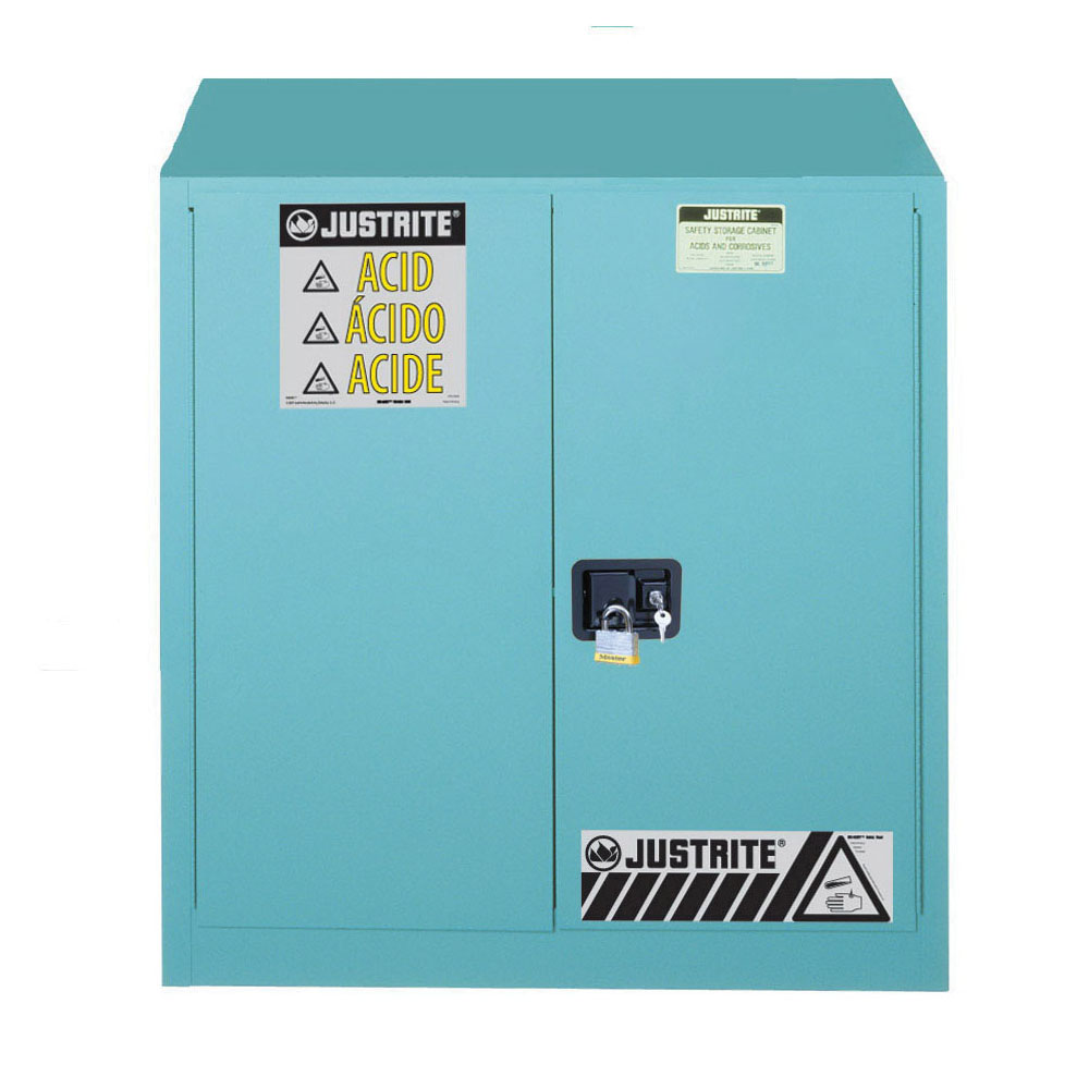Corrosive Safety Cabinet, Classic, Series: Sure-Grip® EX, 30 gal, 44 in Height, 43 in Width, 18 in Depth, Self-Close Door, 2 Doors, 1 Shelves, 18 Gauge Cold Rolled Steel, Powder Coated, Blue