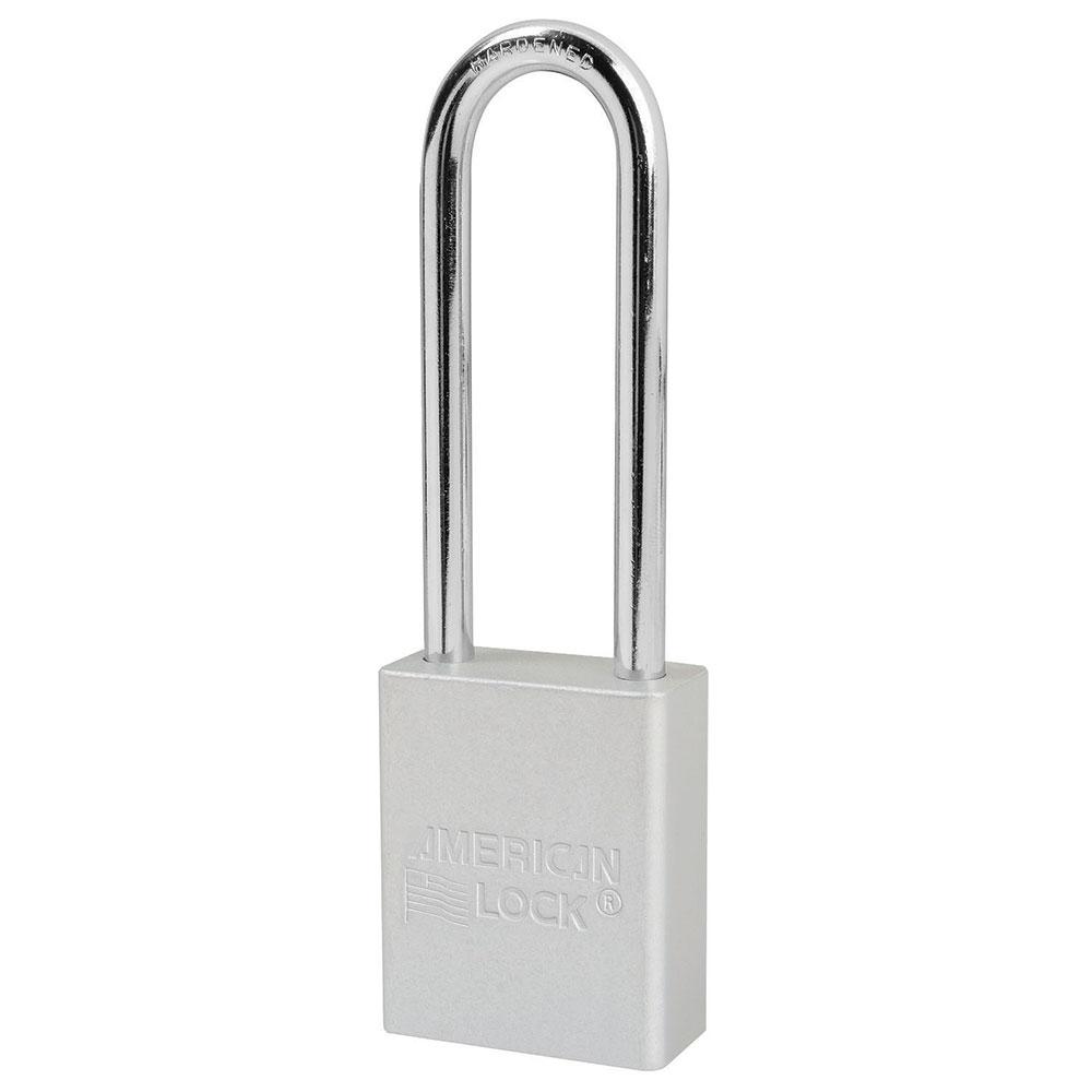 Safety Padlock, Corrosion Resistant, Keyed Different, Silver, Aluminum Body, 1/4 in Shackle Diameter, 25/32 in Shackle Width, Boron Alloy Shackle, 1-1/2 in Body Width, 6-Pin Tumbler Cylindrical Locking Mechanism, Legend: Danger Do Not Operate Safety Tag