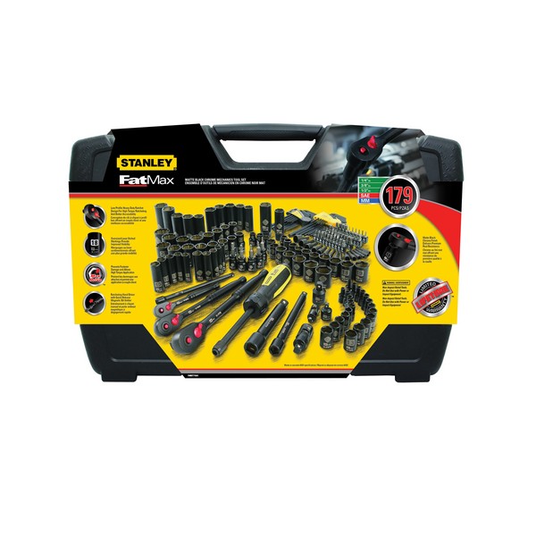 Mechanic's Socket Tool Set, Multi-Purpose, 1/4 in, 3/8 in, 1/2 in Drive, 6 and 12-Point, 179 Piece, Molded Case Tool Storage Type, Yes Tool Storage Included, Chrome Vanadium Steel, Matte Black Polished Chrome