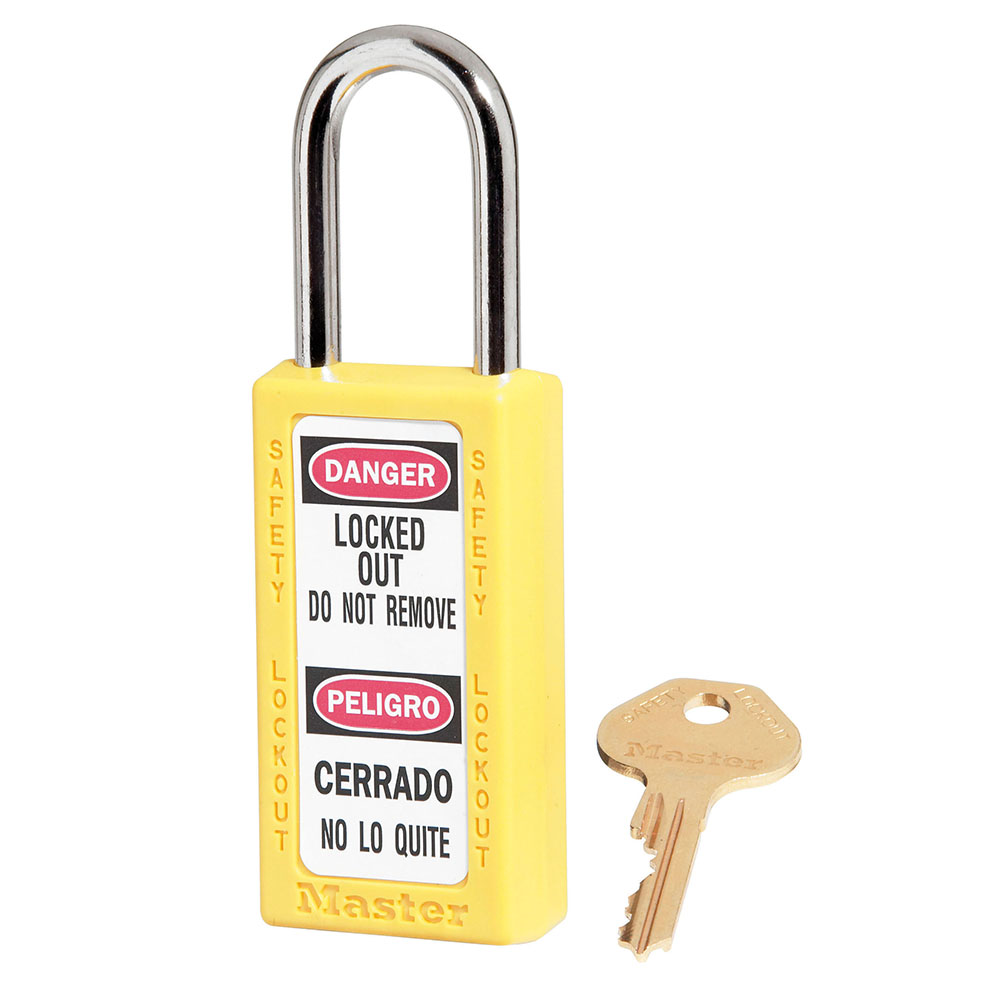 Lockout Padlock, Series: Zenexâ„¢ 411, Different Key, Yellow, Thermoplastic Body, 1/4 in Shackle Dia, 1-1/2 in Shackle Height, 25/32 in Shackle Width, Hardened Steel Shackle, 3 in Body Length, 1-1/2 in Body Width, 6-Pin Tumbler Cylindrical, DANGER LOCKED OUT DO NOT REMOVE Legend