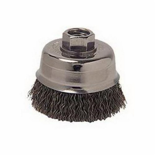 Cup Brush, 3 in Brush Dia, 5/8-11 UNC, Crimped Wire, 0.014 in Wire Dia, Carbon Steel Wire, 14000 RPM Max