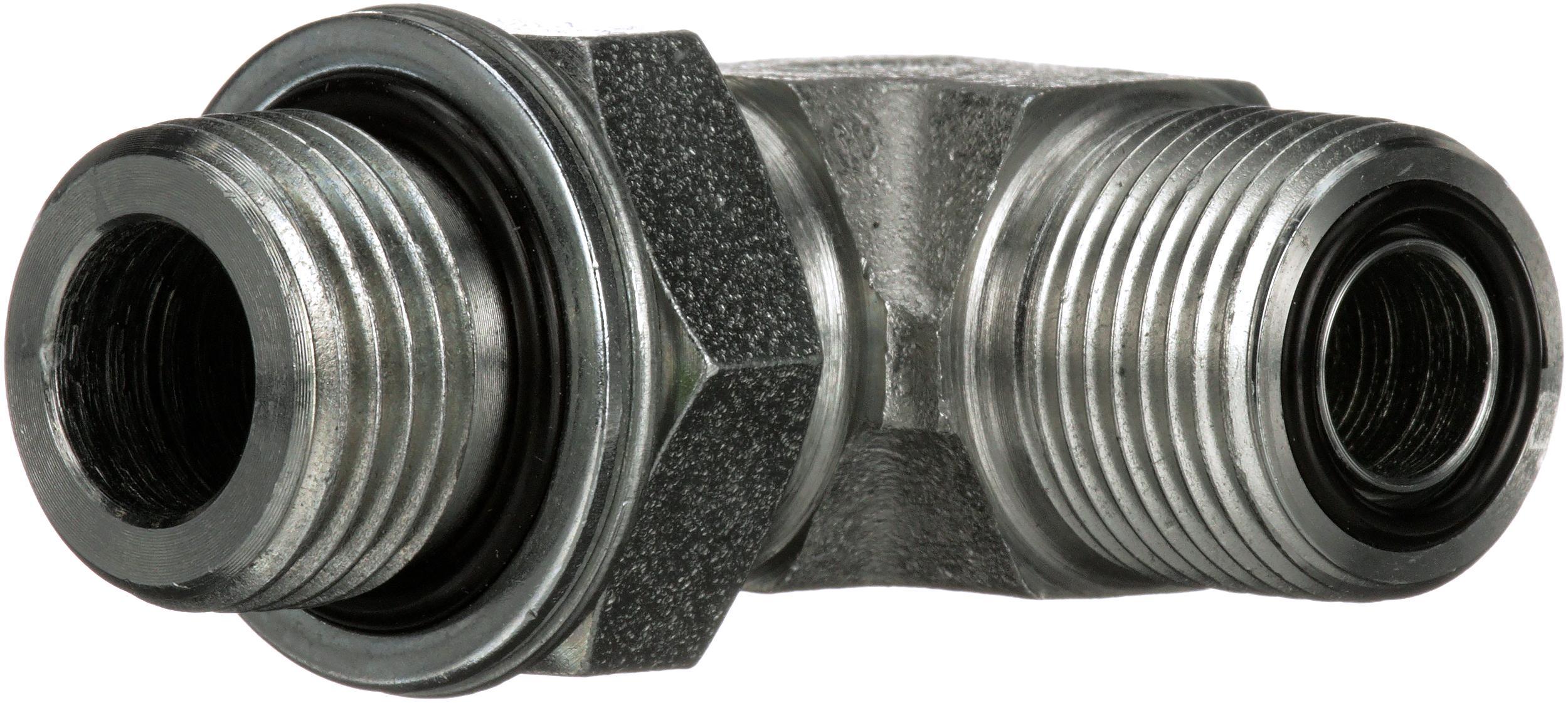 Hydraulic Adapter, Block, Series: G62, 1/8-28 x 9/16-18 Nominal, Male Pipe Parallel with O-Ring x Male Flat-Face O-Ring End Style, 90° Angle, 6000 psi Pressure, Steel, Import