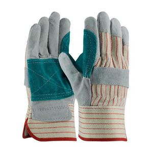 General Purpose Gloves, B/C-Grade Double Palm, Leather Palm Glove, XL Size, Shoulder Split Cowhide Leather Palm, Shoulder Split Cowhide Leather, Gray/Green/Red, Gunn Cut/Full Finger/Wing Thumb Style, Cotton Lining, Rubberized Safety Cuff, Uncoated Co
