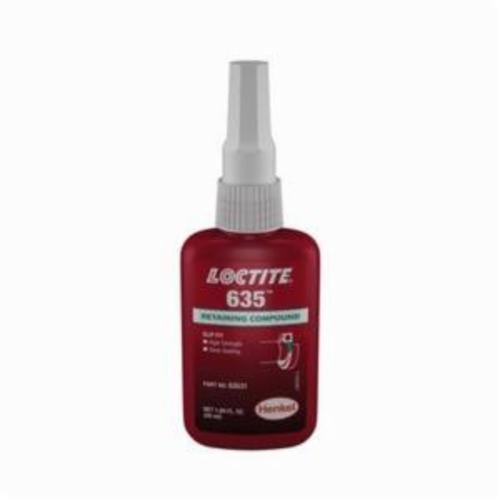 Retaining Compound, 1-Part High Strength, Series: 635™, Bottle, 50 mL, Green, Irritating/Sharp, 1.09 Specific Gravity, <gt/>199.4 deg F Flash, 56.73 g/L VOC, 1500 to 2500 mPs Viscosity Rating, Flammability: 1, 2900 psi Shear Strength