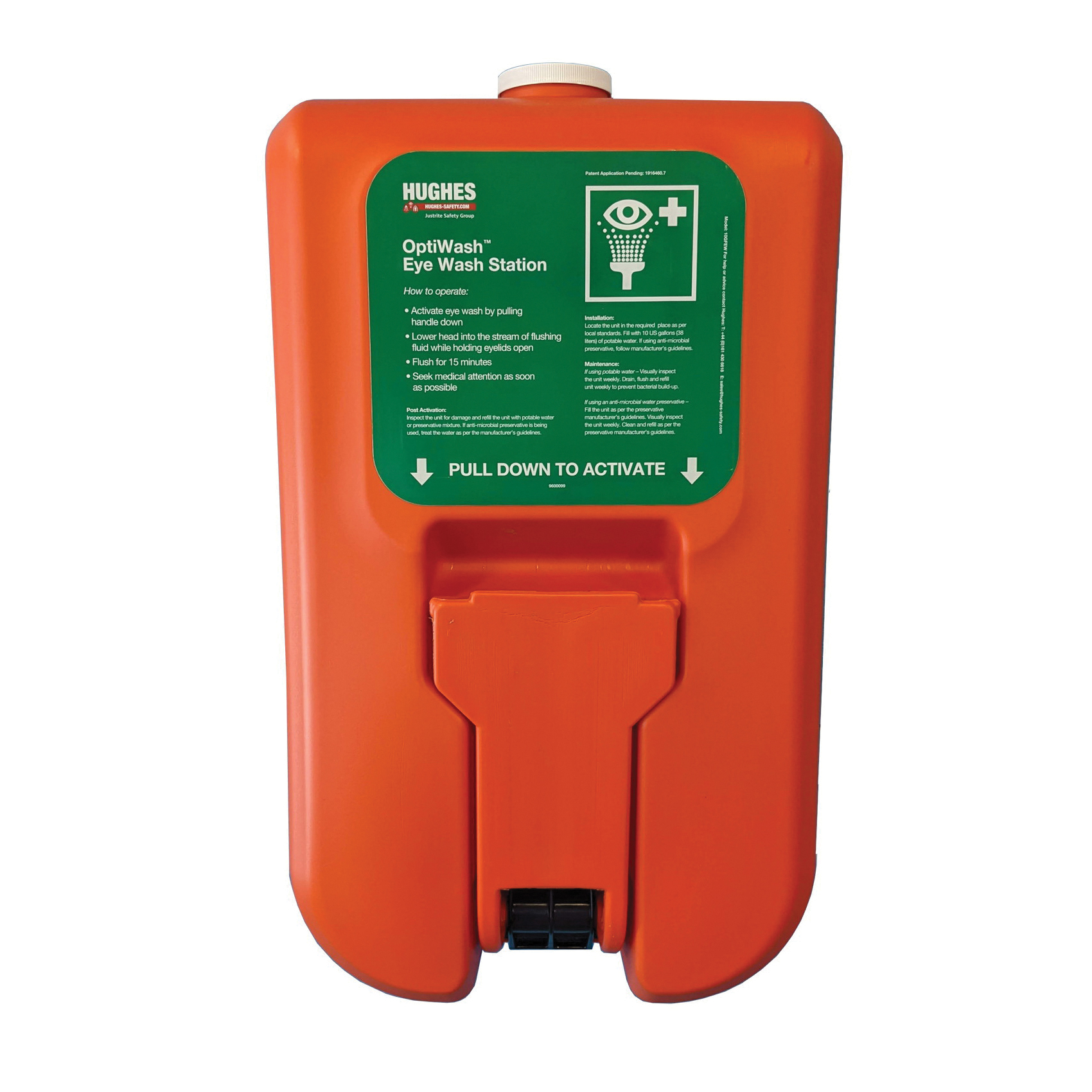 Hughes Gravity Fed Eyewash Station, Self-Contained Portable, Series: Hughes, 10 gal Capacity, Orange, 29-1/2 in Height, 18 in Width, 7-1/4 in Depth, Pull Handle Operation, 13 lb Weight Empty, 93 lb Weight Full, Specifications Met: ANSI Specified, EN