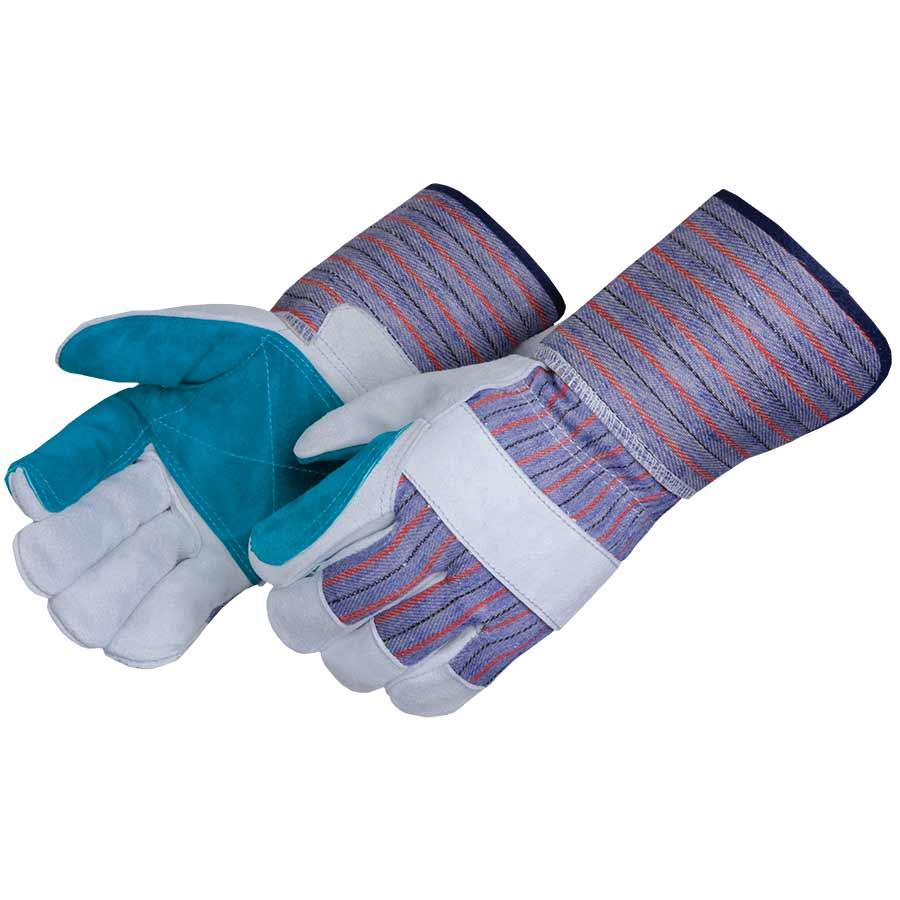 Glove, Premium, Series: 3584Q, Leather Palm, Blue/Gray/Green, Gunn Cut Style, Safety Cuff, Palm Coating Coverage, Knuckle Strap Closure, 4-1/2 in Length