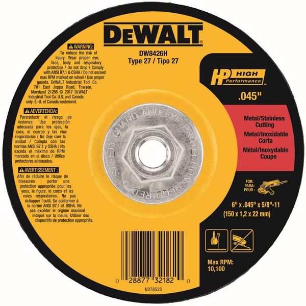 Depressed Center Cutting Wheel, Flat, 6 in Wheel Diameter, 0.045 in Wheel, Threaded Arbor Connector, 60 Grit, Medium Grade, Aluminum Oxide Abrasive, Wheel Type Number: Type 27, 10100 RPM Resin Bond, Applicable Materials: Ferrous Metal and Stainless S
