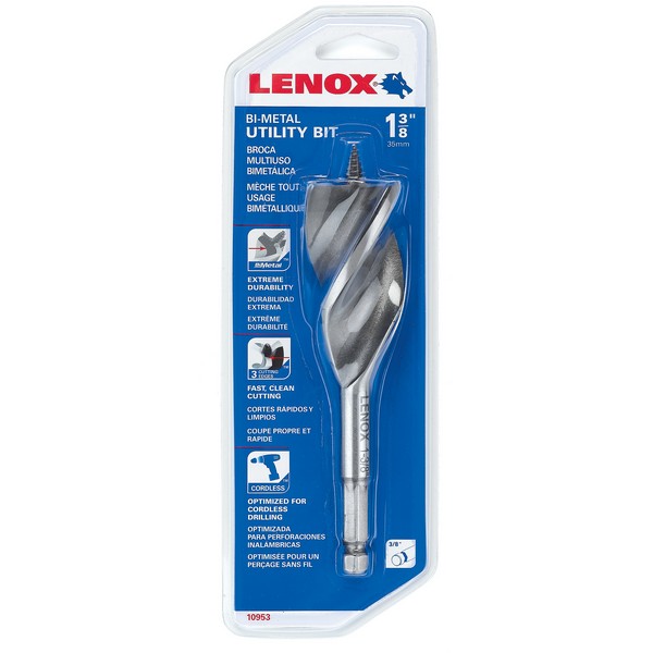 Utility Wood Drill Bit, Drill Style: Utility, 1-3/8 in Diameter, 6 in Overall Length, 3/8 in Shank, HSS Cutting Edge, Bi-Metal