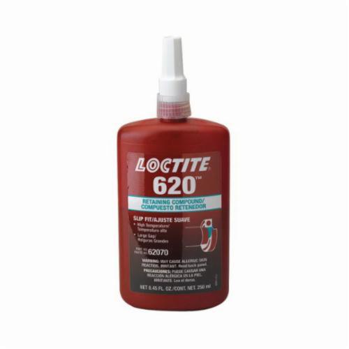 Retaining Compound, High Viscosity High Temperature, Series: 620™, Bottle, 250 mL, Green, Mild, -65 to 450 deg F, 1.16 Specific Gravity, 93.3 deg C Flash, 2.24 g/L VOC, 8500 cPs Viscosity Rating, 3800 psi Shear Strength