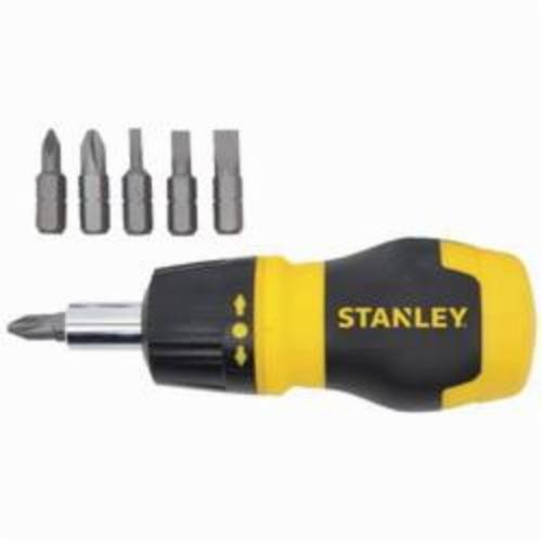 Multi-Bit Screwdriver, 5-in-1 Ratcheting Stubby, Measurement System: Imperial, Phillips®/Slotted Bit, 4-1/2 in Overall Length, Ergonomic Handle, 7 Piece, Magnetized Tip: Yes, Chrome Vanadium Steel Shank