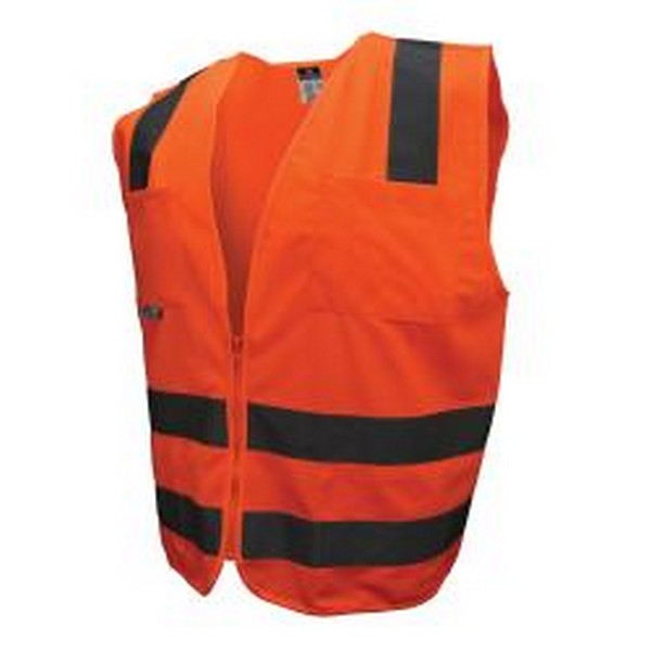 Safety Vest, Standard, Series: SV8OS, 3XL Size, Hi-Viz Orange, Polyester Knit, Silver Stripe, 32 in Chest, Zipper Closure, 6 Pockets, ANSI Class: Class 2, Specifications Met: ANSI/ISEA 107-2015 Type R