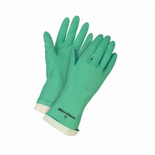 Chemical-Resistant Gloves, Industrial Grade, Series: Nitri-Chem™, XS, Nitrile Palm, Nitrile, Green, Raised Diamond, Paired Hand, Standard Finger/Straight Thumb/Raised Diamond Grip, Flock, Straight Cuff, Support Type: Unsupported, Uncoated, 13 in Leng