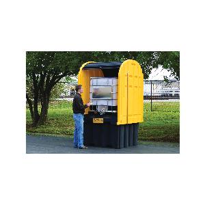 IBC Outdoor Shed, Series: EcoPolyBlend™, 9000 lb Load, 372 gal Spill, 103-3/4 in Height, 60-3/4 in Length, 68-1/2 in Width, 40% Recycled Polyethylene/Wood/Fiberglass, Yellow