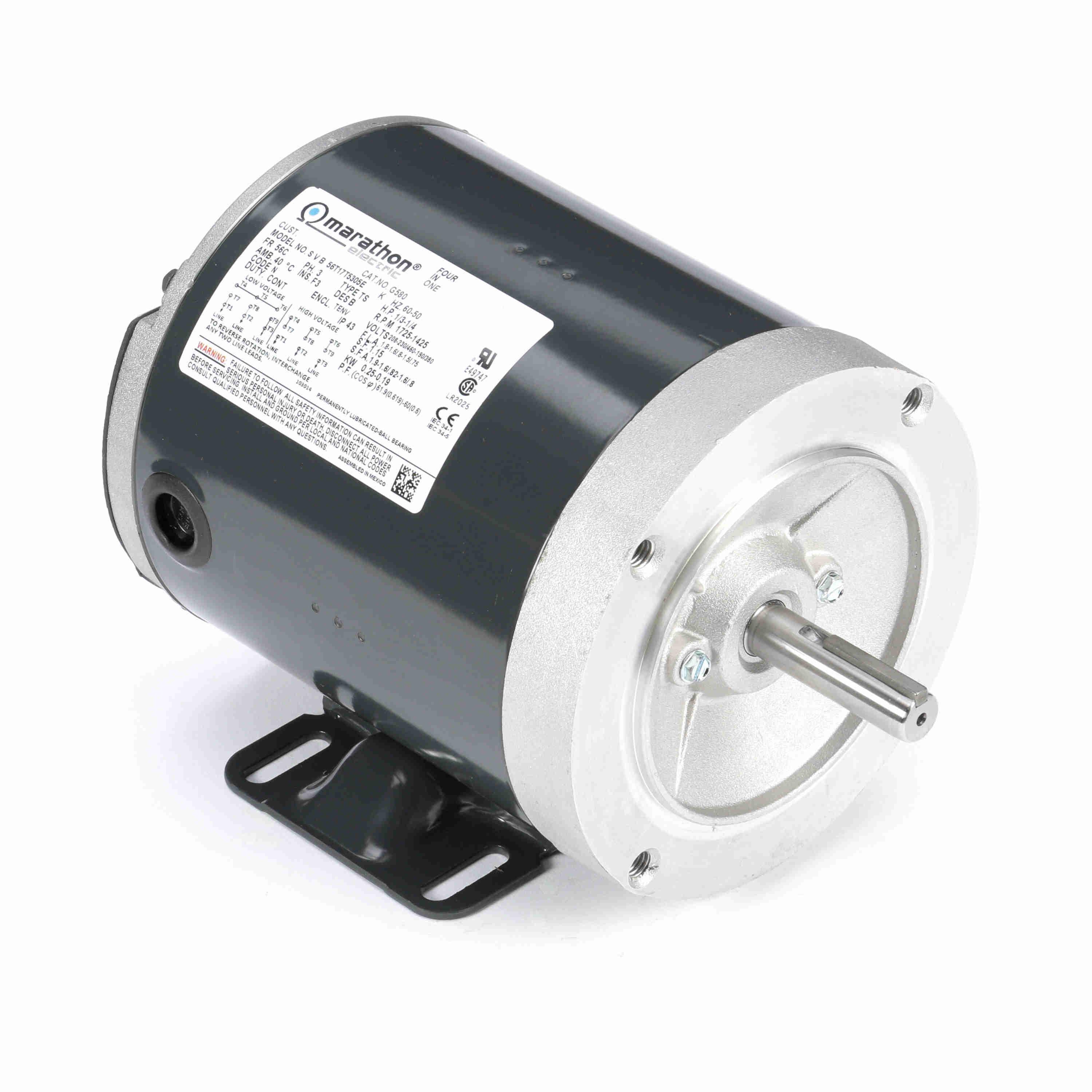AC Motor, 0.33 hp, 208 to 230/460 VAC, 1.8 to 1.6/.8 A, 60 Hz Frequency, 1725 RPM Speed, 1 Speed, TENV Enclosure, 56C Frame, Reversible Rotation, Bolted-On Mounting, 40 °C, Insulation Class: Class F, Rolled Steel, 41.667 Constant Torque Speed