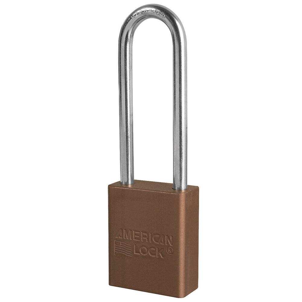 Safety Padlock, Corrosion Resistant, Keyed Different, Brown, Aluminum Body, 1/4 in Shackle Diameter, 25/32 in Shackle Width, Boron Alloy Shackle, 1-1/2 in Body Width, 6-Pin Tumbler Cylindrical Locking Mechanism, Legend: Danger Do Not Operate Safety Tag