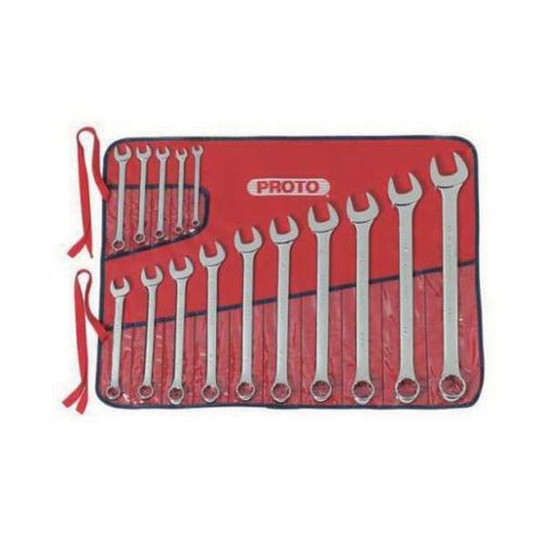 Combination Wrench Set, Anti-Slip Design, Imperial System of Measurement, 1/4 to 1 in, 15 Piece, 12 Point, 15˚ Offset, Spline Point, Open End Drive, Full Polished