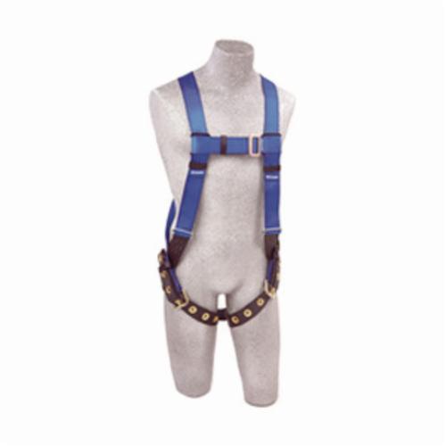 Harness, General Purpose Full Body, Series: First™, Universal Size, 310 lb Load, 6000 lb Tensile Strength, Tongue Leg Strap Buckle, Mating Chest Strap Buckle, Polyester Strap, Vest Style, Steel Hardware, Blue, Zinc Plated