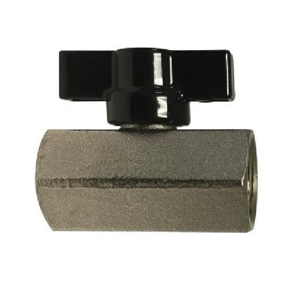 Ball Valve, Mini, 3/8 Inch Nominal, FNPT, 450 psi, 1/4 Turn Tee Handle Actuator, Polished Chrome Brass Ball, 1.6 Inch Inlet to Outlet Length, Forged Brass Body, Brass Stem/Ring Unit/Steel Screw/Alumzinc Handle Trim, PTFE Ball Seat/NBR 80 O-Ring Flag Handle/Viton® O-Ring, Polished Chrome, 1.6 Inch Length x 1.43 Inch Height, Import
