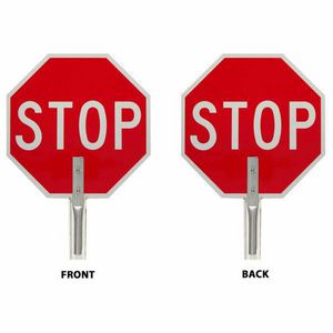 Traffic Control Paddle, Sign Octagon, Legend: STOP/STOP, Aluminum Sign, 18 in Sign Width, 18 in Sign Height, White on Red, Aluminum Handle