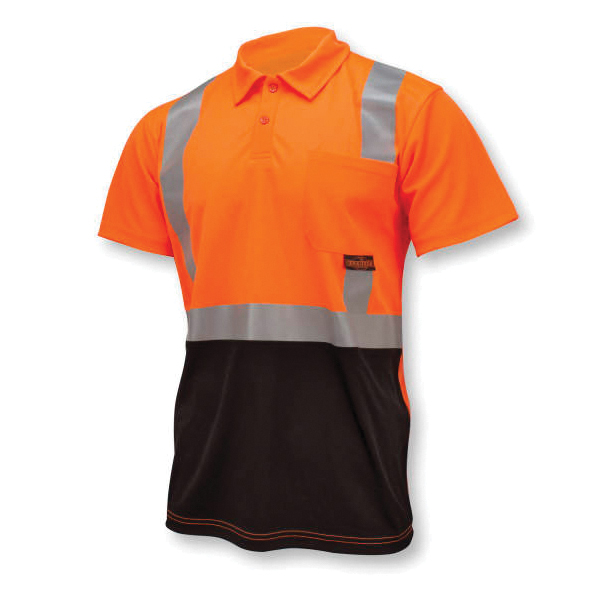 Safety Polo Shirt, Color Blocked High Visibility Short Sleeve, Series: ST12B, 4XL Size, Black/Hi-Viz Orange, Polyester Birdseye, Button Closure, 1 Pocket