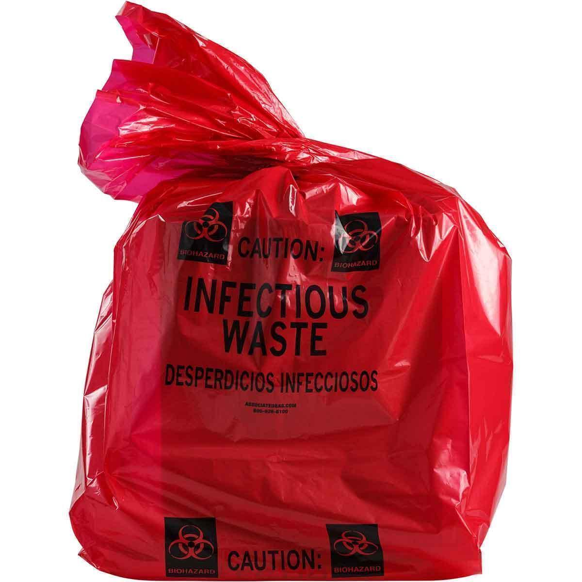 Biohazard Disposal Bag, 20 to 30 gal Capacity, 36 Inch Height, 16 Inch Width, Polyethylene, Black on Red