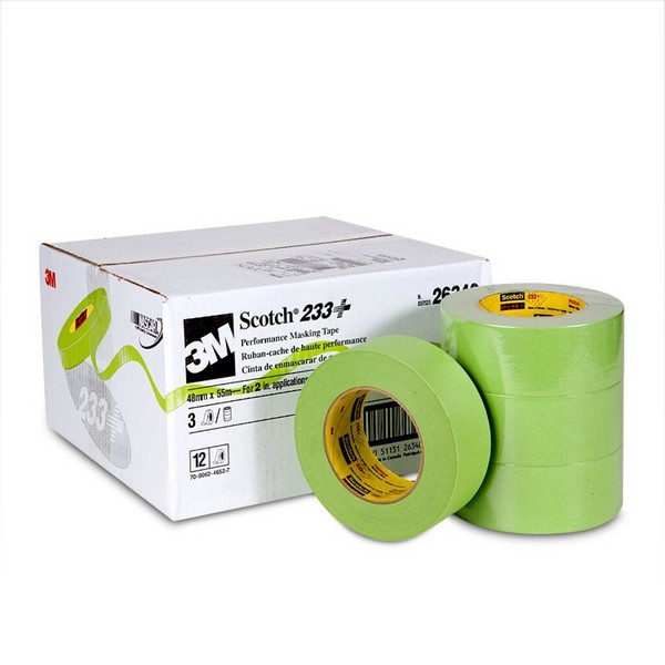 Masking Tape, High Performance, Series: 233+, 55 m Length, 48 mm Width, 6.6 mil Thickness, Green, Rubber Adhesive, Crepe Paper Backing, 36 in-oz Adhesion Strength, 25 in-lb Tensile Strength, 250 °F Maximum Operating, Specifications Met: ASTM D3330